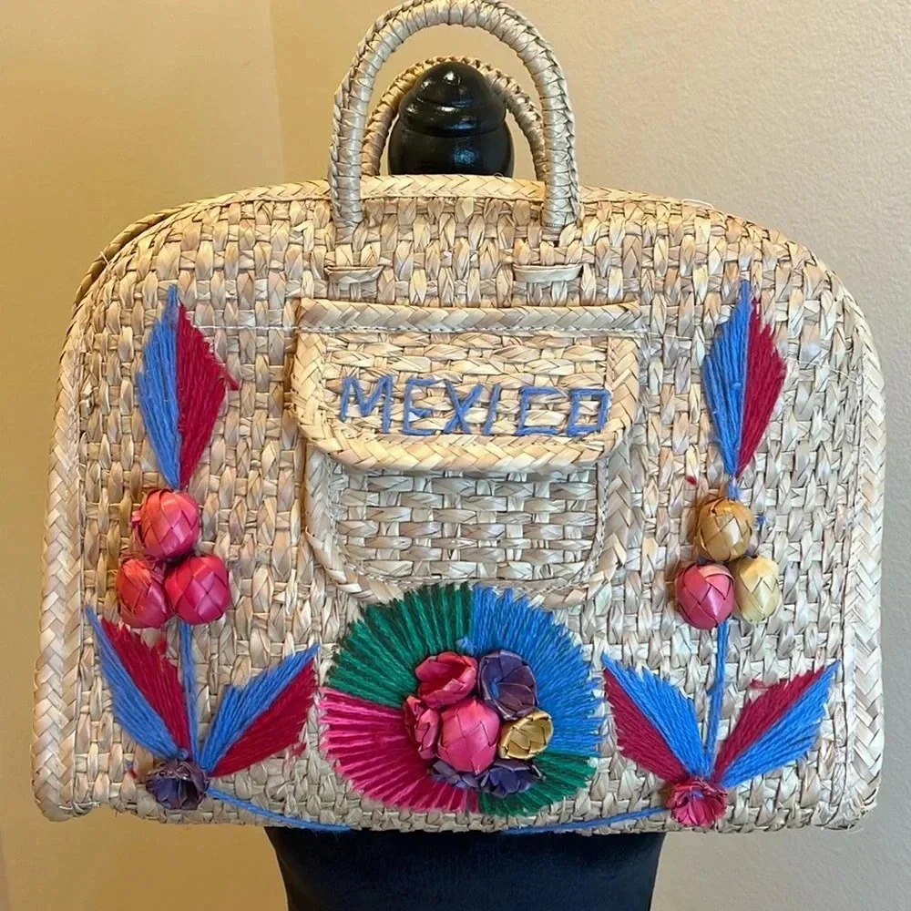 Vintage Mexican Woven Straw Tote‎ Bag